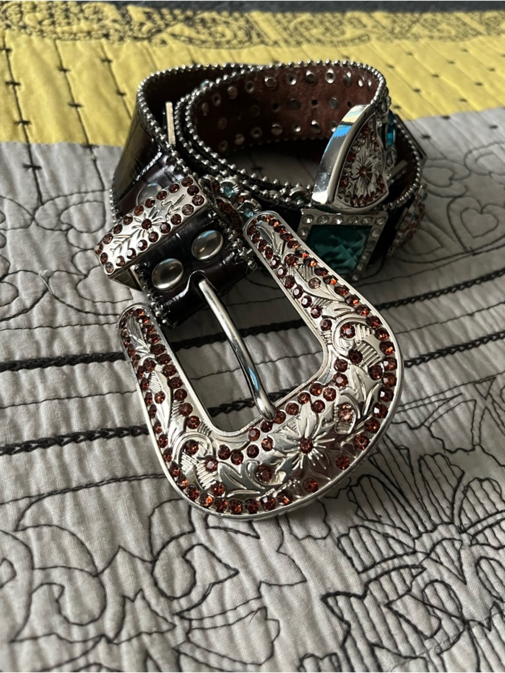 Embellished Western-Style Belt with Turquoise and Red Accents - Women